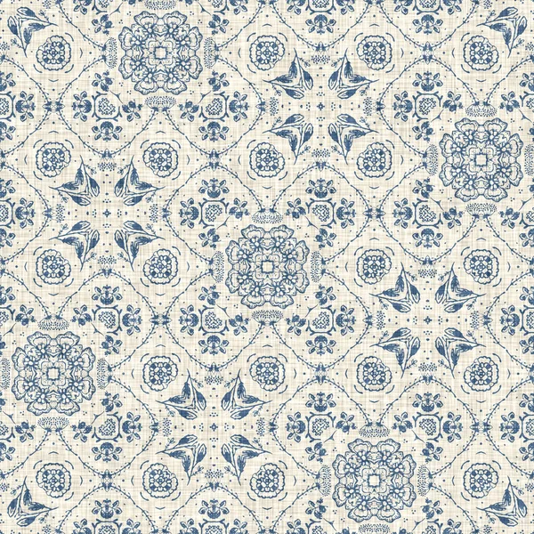 French blue floral french printed fabric pattern for shabby chic home decor style. Rustic farm house country cottage flower linen seamless background. Patchwork quilt effect motif tile
