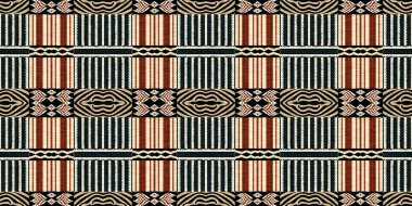 African kente cloth patchwork effect border pattern. Seamless geometric quilt fabric edging trim background. Patched boho rug safari shirt repetitive ribbon endless band