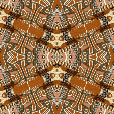 Kahverengi safari hayvan desenli yama kusursuz desen. Kahverengi kumaş efektli doğal yorgan ve damask stili. Modern kabile soyutlaması. Afrika 'dan esinlenerek