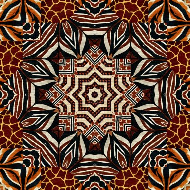 African kente cloth patchwork effect pattern. Seamless geometric quilt fabric all over background. Patched boho rug safari shirt repetitive tile swatch