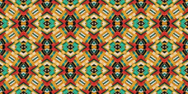 Geleneksel fayanslı, pürüzsüz sınır deseni. Kumaş efekti Meksika yaması damaske kenar kesimi. Kare şeklindeki simetrik arkaplan tekstil şeridi. Yaratıcı renkli grafik tasarım pankartı