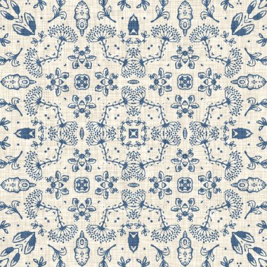 Fransız mavisi Fransız çiçekli kumaş desenli eski püskü ev dekorasyonu. Kırsal çiftlik evi, kır evi, çiçekli keten, pürüzsüz arka plan. Yama işi yorgan efekti motifi fayans