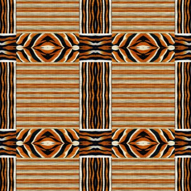 African kente cloth patchwork effect pattern. Seamless geometric quilt fabric all over background. Patched boho rug safari shirt repetitive tile swatch
