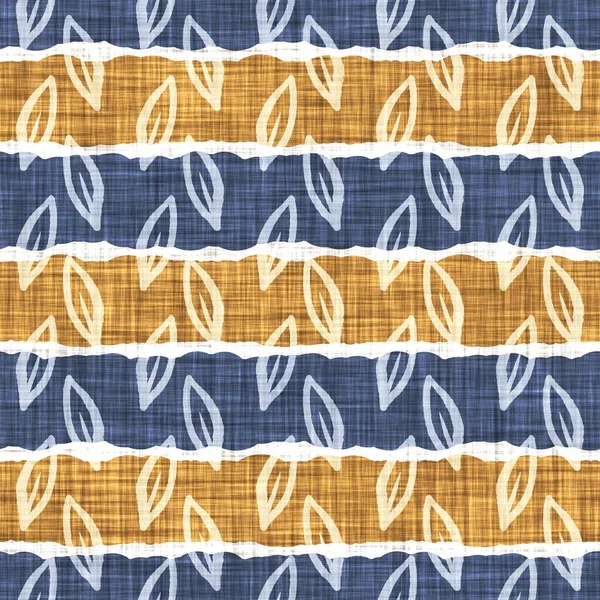 Seamless French country kitchen stripe fabric pattern print. Blue yellow white horizontal striped background. Batik dye provence style rustic woven cottagecore textile