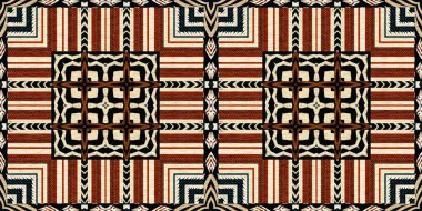 African kente cloth patchwork effect border pattern. Seamless geometric quilt fabric edging trim background. Patched boho rug safari shirt repetitive ribbon endless band