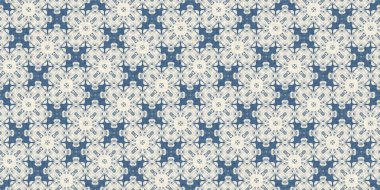 Eski püskü ev dekorasyonu için Fransız mavisi yorgan desenli kumaş kenar deseni. Kırsal çiftlik evi kır evi çiçekli keten sonsuz bant. Yamalı yorgan efekti kurdele kenarı