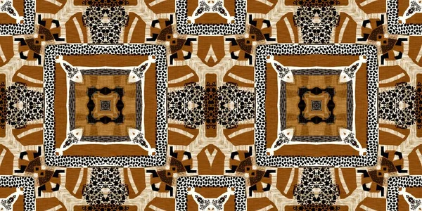 Brown safari animal print patchwork seamless border pattern. Natural quilt clash damask style in brown printed fabric ribbon trim. Modern tribal abstract. Africa inspired edging background