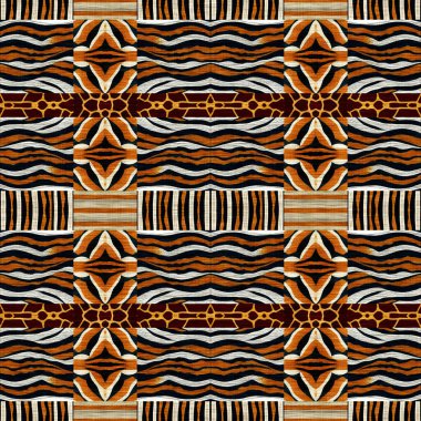 African kente cloth patchwork effect pattern. Seamless geometric quilt fabric all over background. Patched boho rug safari shirt repetitive tile swatch