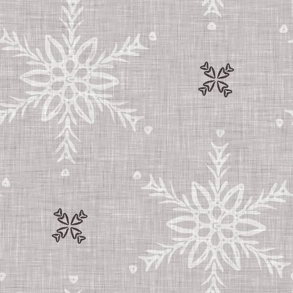 Seamless christmas snowflake woven linen pattern. Two tone seasonal brown farmhouse frost background. Holiday textile for french Xmas snow repeat