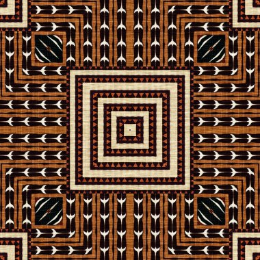African kente cloth patchwork effect pattern. Seamless geometric quilt fabric all over background. Patched boho rug safari shirt repetitive tile swatch