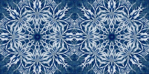 Indigo Blue Snow Flake Border Background Frosty Batik Painterly Effect — Stock Photo, Image