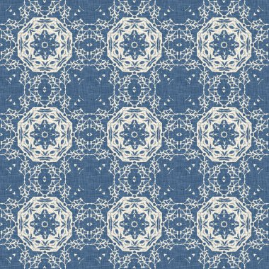 Çiftlik evi mavi kar tanesi desenli arka plan. Frosty batik damasch fransız efekti kusursuz arkaplan. Şenlikli soğuk tatil sezonu duvar kâğıdı döşemesi