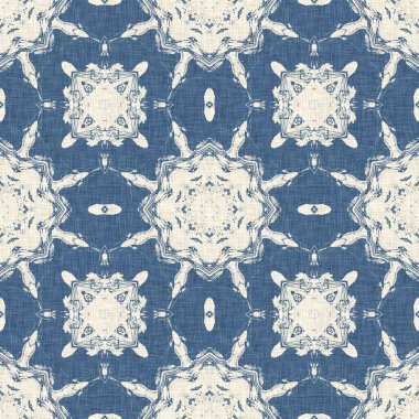 Eski püskü ev dekorasyonu için Fransız mavisi yorgan deseni. Kırsal çiftlik evi. Kır evi, keten, pürüzsüz arka plan.