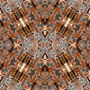 Kahverengi safari hayvan desenli yama kusursuz desen. Kahverengi kumaş efektli doğal yorgan ve damask stili. Modern kabile soyutlaması. Afrika 'dan esinlenerek