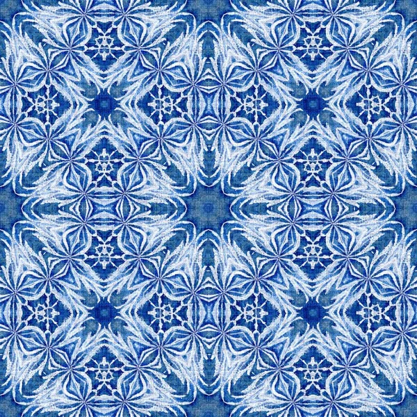 Indigo Blue Snow Flake Damask Pattern Background Frosty Painterly Effect — Stockfoto