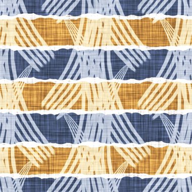 Kusursuz Fransız kırsal mutfak çizgili kumaş deseni. Mavi sarı beyaz yatay çizgili arka plan. Batik Boyası Kaynak Stili Kırsal Örgü Cottagecore Tekstili