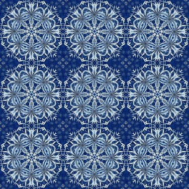 Çivit mavisi kar tanecikli damaske desenli arka plan. Frosty boyama efekti kusursuz arkaplan. Şenlikli soğuk tatil sezonu duvar kâğıdı döşemesi