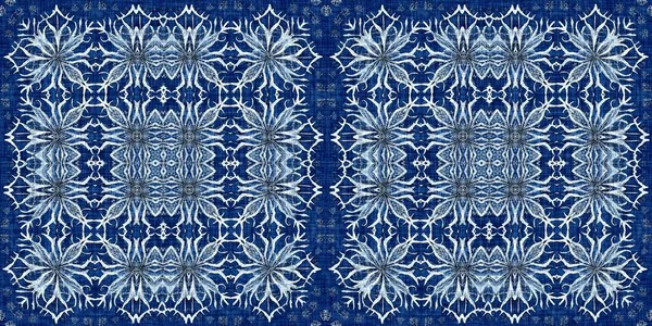 Indigo Blue Snow Flake Border Background Frosty Batik Painterly Effect — Stockfoto