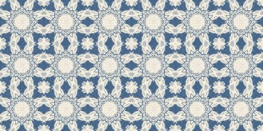 Eski püskü ev dekorasyonu için Fransız mavisi yorgan desenli kumaş kenar deseni. Kırsal çiftlik evi kır evi çiçekli keten sonsuz bant. Yamalı yorgan efekti kurdele kenarı