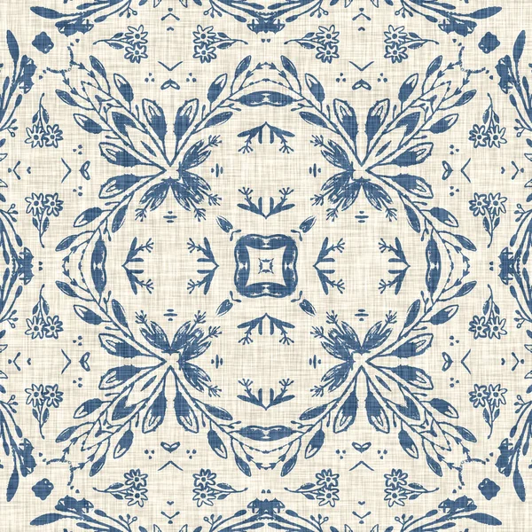 French blue floral french printed fabric pattern for shabby chic home decor style. Rustic farm house country cottage flower linen seamless background. Patchwork quilt effect motif tile