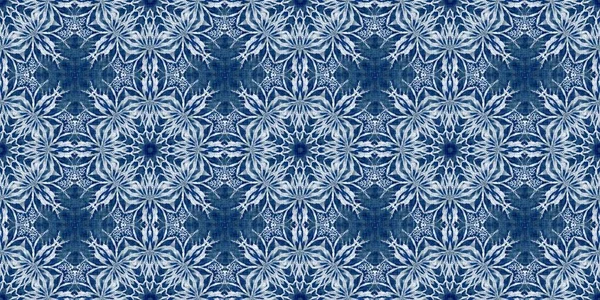 Indigo Blue Snow Flake Border Batik Frosty Batik Painterly Effect — стоковое фото