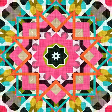 Kusursuz arka planda klasik geometrik tasarım. Canlı renkli grafik illüstrasyonuyla modaya uygun modern boho geo. Yama efekti örneği için fayansı tekrarla