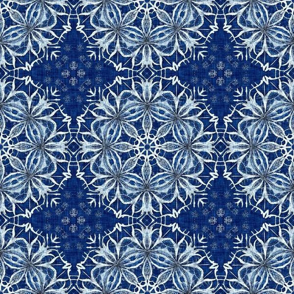 Indigo Blue Snow Flake Damask Pattern Background Frosty Painterly Effect — Fotografia de Stock