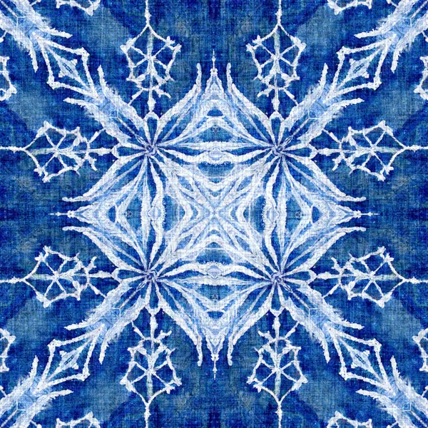 Ίντιγκο Μπλε Νιφάδα Χιονιού Μοτίβο Φόντο Φρόστι Μπατίκ Ζωγραφικό Αποτέλεσμα — Φωτογραφία Αρχείου