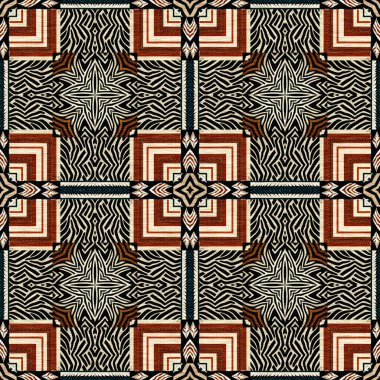 African kente cloth patchwork effect pattern. Seamless geometric quilt fabric all over background. Patched boho rug safari shirt repetitive tile swatch.