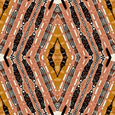 Kahverengi safari hayvan desenli yama kusursuz desen. Kahverengi kumaş efektli doğal yorgan ve damask stili. Modern kabile soyutlaması. Afrika 'dan esinlenerek