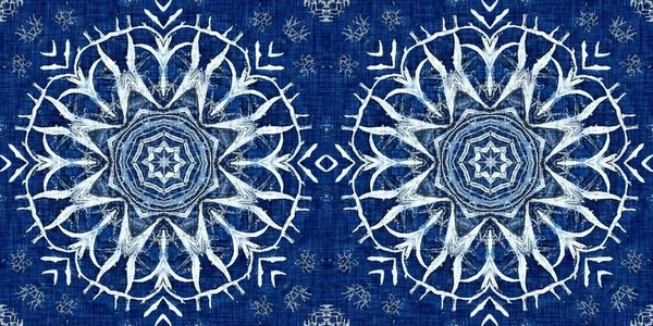 Indigo Blue Snow Flake Border Background Frosty Batik Painterly Effect — Stock Photo, Image