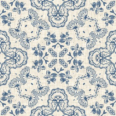 Fransız mavisi Fransız çiçekli kumaş desenli eski püskü ev dekorasyonu. Kırsal çiftlik evi, kır evi, çiçekli keten, pürüzsüz arka plan. Yama işi yorgan efekti motifi fayans