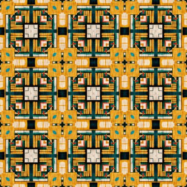 Geleneksel fayanslı, pürüzsüz mozaik iz. Kumaş efekti Meksika yamaca damask ızgara kare şekil simetrik arka plan tekstili. Yaratıcı renkli grafik tasarımı.