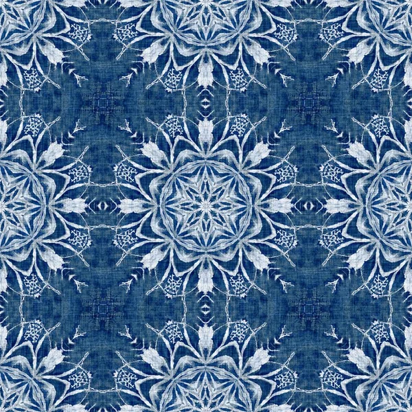 Indigo Blue Snow Flake Damask Pattern Background Frosty Painterly Effect — Stock Photo, Image