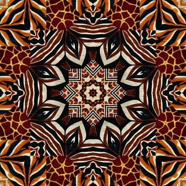 African kente cloth patchwork effect pattern. Seamless geometric quilt fabric all over background. Patched boho rug safari shirt repetitive tile swatch