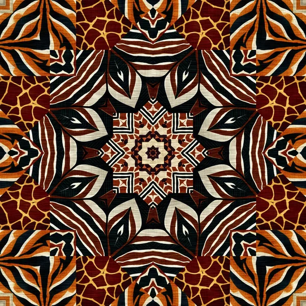 African kente cloth patchwork effect pattern. Seamless geometric quilt fabric all over background. Patched boho rug safari shirt repetitive tile swatch