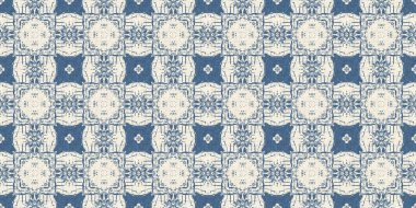 Eski püskü ev dekorasyonu için Fransız mavisi yorgan desenli kumaş kenar deseni. Kırsal çiftlik evi kır evi çiçekli keten sonsuz bant. Yamalı yorgan efekti kurdele kenarı