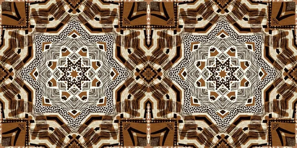 Brown safari animal print patchwork seamless border pattern. Natural quilt clash damask style in brown printed fabric ribbon trim. Modern tribal abstract. Africa inspired edging background