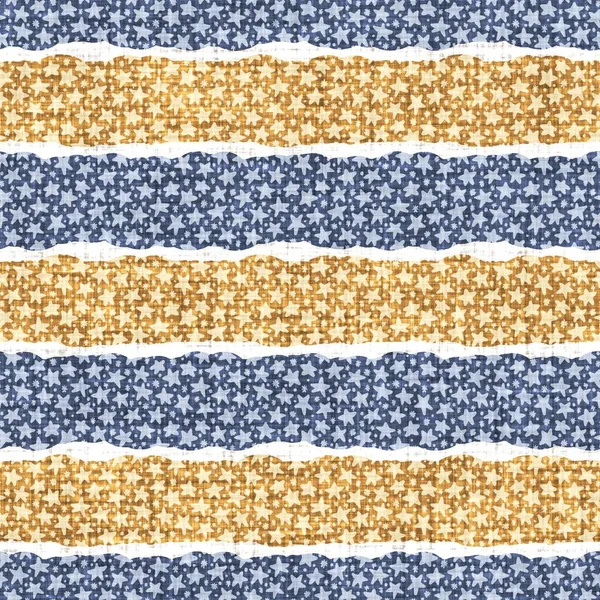 Kusursuz Fransız kırsal mutfak çizgili kumaş deseni. Mavi sarı beyaz yatay çizgili arka plan. Batik Boyası Kaynak Stili Kırsal Örgü Cottagecore Tekstili