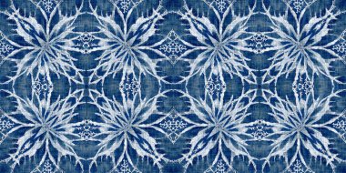 İndigo mavisi kar taneleri sınır arkaplanı. Frosty batik boyama efekti pürüzsüz kenar. Soğuk bayram şenliği kurdelesi. 