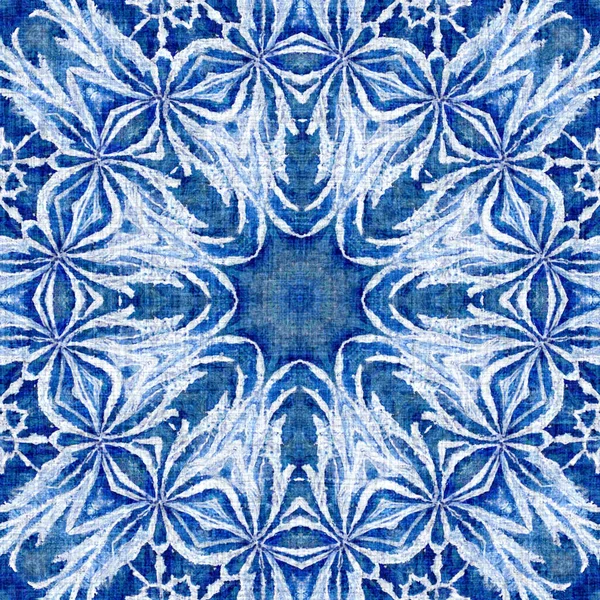 Indigo Blue Snow Flake Pattern Background Frosty Batik Painterly Effect — Stok fotoğraf