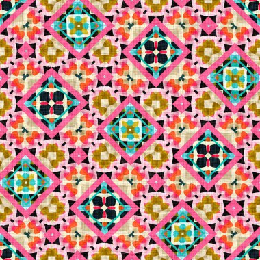 Kusursuz arka planda klasik geometrik tasarım. Canlı renkli grafik illüstrasyonuyla modaya uygun modern boho geo. Yama efekti örneği için fayansı tekrarla