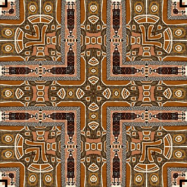 Kahverengi safari hayvan desenli yama kusursuz desen. Kahverengi kumaş efektli doğal yorgan ve damask stili. Modern kabile soyutlaması. Afrika 'dan esinlenerek