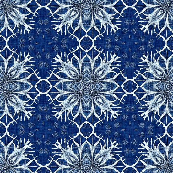 Indigo Blue Snow Flake Damask Pattern Background Frosty Painterly Effect — 图库照片