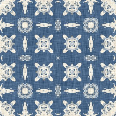 Eski püskü ev dekorasyonu için Fransız mavisi yorgan deseni. Kırsal çiftlik evi. Kır evi, keten, pürüzsüz arka plan.