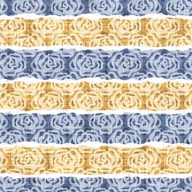 Kusursuz Fransız kırsal mutfak çizgili kumaş deseni. Mavi sarı beyaz yatay çizgili arka plan. Batik Boyası Kaynak Stili Kırsal Örgü Cottagecore Tekstili