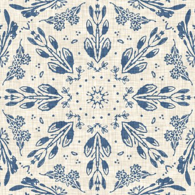 Fransız mavisi Fransız çiçekli kumaş desenli eski püskü ev dekorasyonu. Kırsal çiftlik evi, kır evi, çiçekli keten, pürüzsüz arka plan. Yama işi yorgan efekti motifi fayans