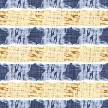 Kusursuz Fransız kırsal mutfak çizgili kumaş deseni. Mavi sarı beyaz yatay çizgili arka plan. Batik Boyası Kaynak Stili Kırsal Örgü Cottagecore Tekstili