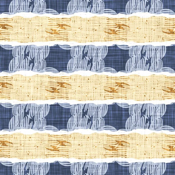 Kusursuz Fransız kırsal mutfak çizgili kumaş deseni. Mavi sarı beyaz yatay çizgili arka plan. Batik Boyası Kaynak Stili Kırsal Örgü Cottagecore Tekstili