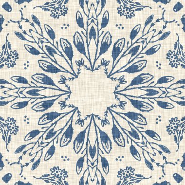 Fransız mavisi Fransız çiçekli kumaş desenli eski püskü ev dekorasyonu. Kırsal çiftlik evi, kır evi, çiçekli keten, pürüzsüz arka plan. Yama işi yorgan efekti motifi fayans